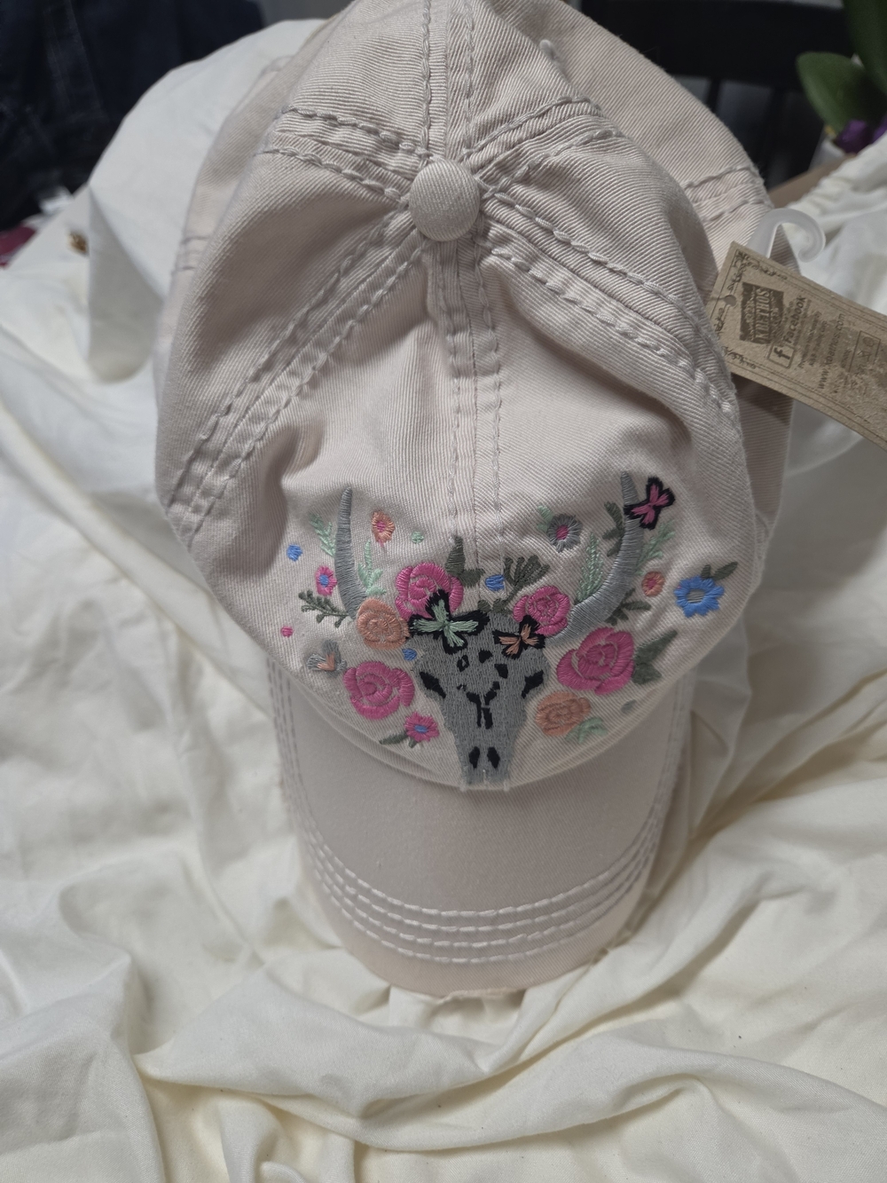 Floral Embroidered Skull KBETHOS Cream Cap Hat
